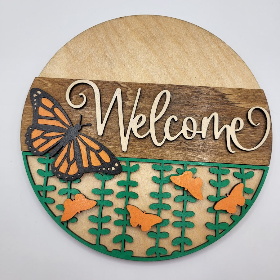 Monarch Butterfly Round Welcome Sign
